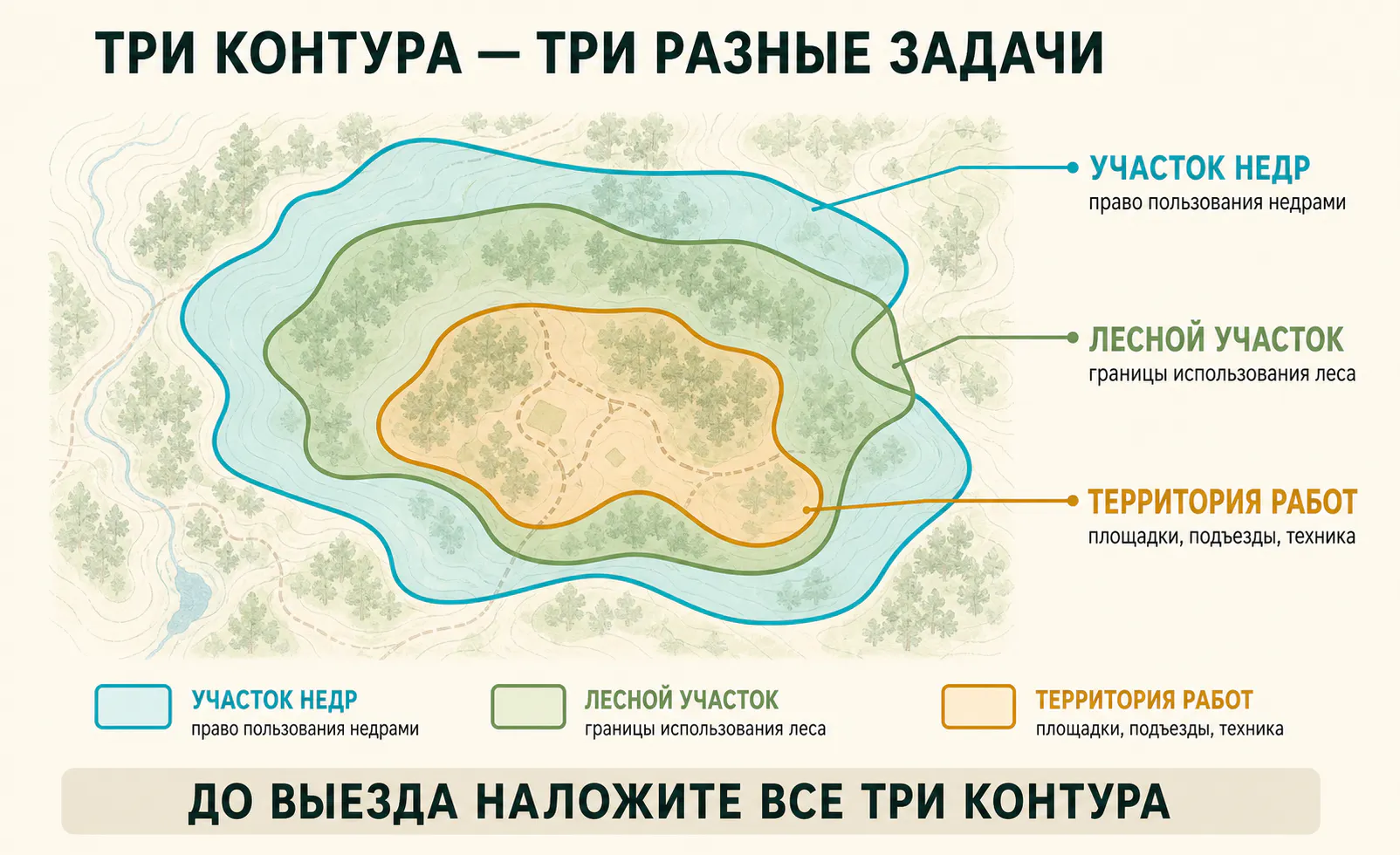 Схема: участок недр, лесной участок и территория работ.