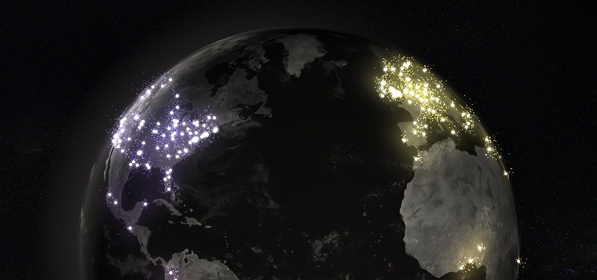 Top of globe with particles bursting from major cities.