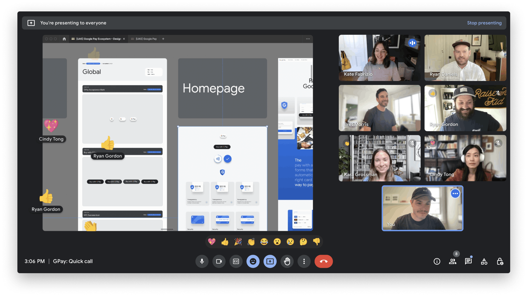 A Google Video call with designs being shared
