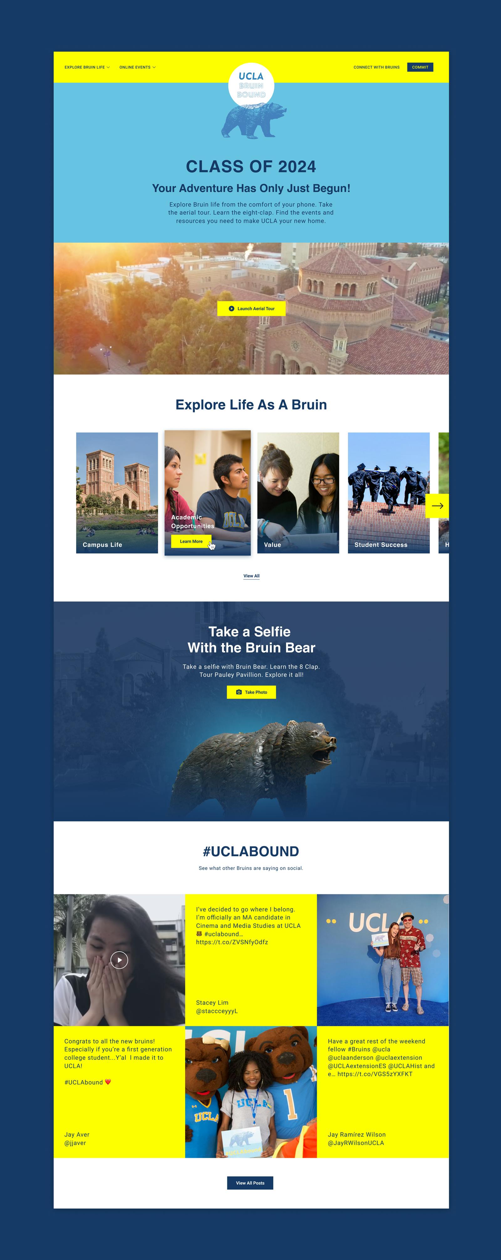 UCLA Bruin Bound homepage design on a blue background. Top section has the UCLA Bruin Bound logo and text "Class of 2024 Your Adventure Has Only Just Begun". Below that is an aerial shot of UCLA campus, then a carousel of images about each part of attending the UCLA school (Campus Life, Academic Opportunities, Value, Student Success). Then there is a section to Take a Selfie with the Bruin Bear. Last is a social media module of Instagram images and tweets.