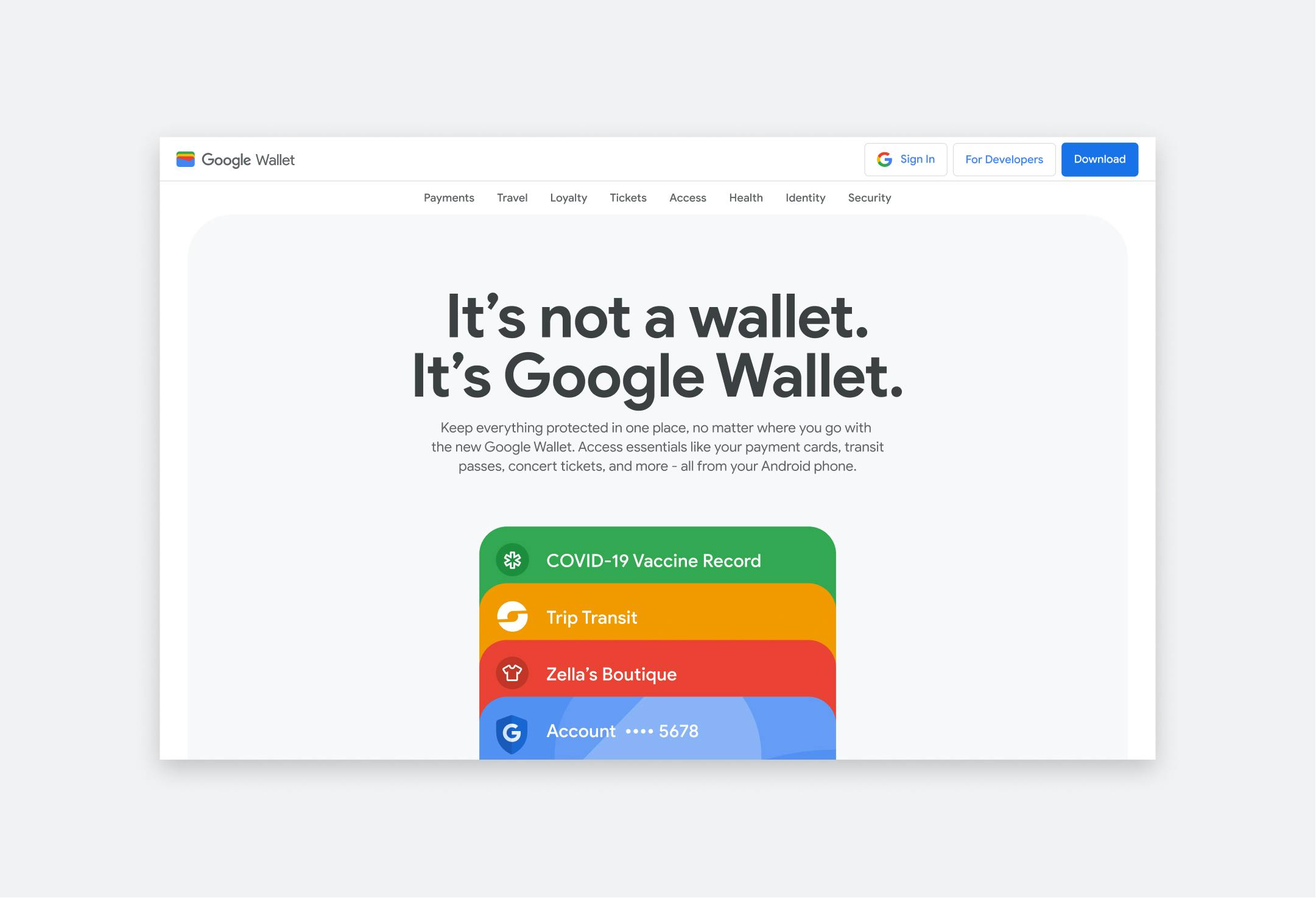 The Google Wallet page