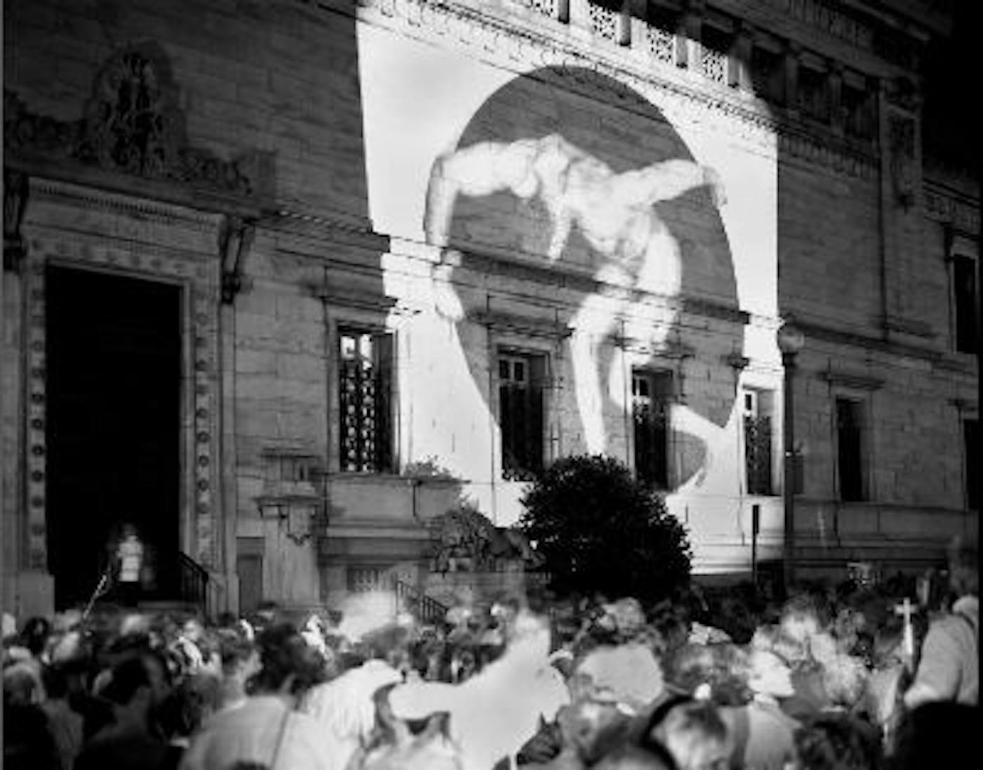 Frank Herrera, photograph of The Perfect Moment protest in which censored photographs from the show were projected on the Corcran, June 30, 1989, Corcoran Gallery of Art, Washington, D.C. © Frank Herrera
