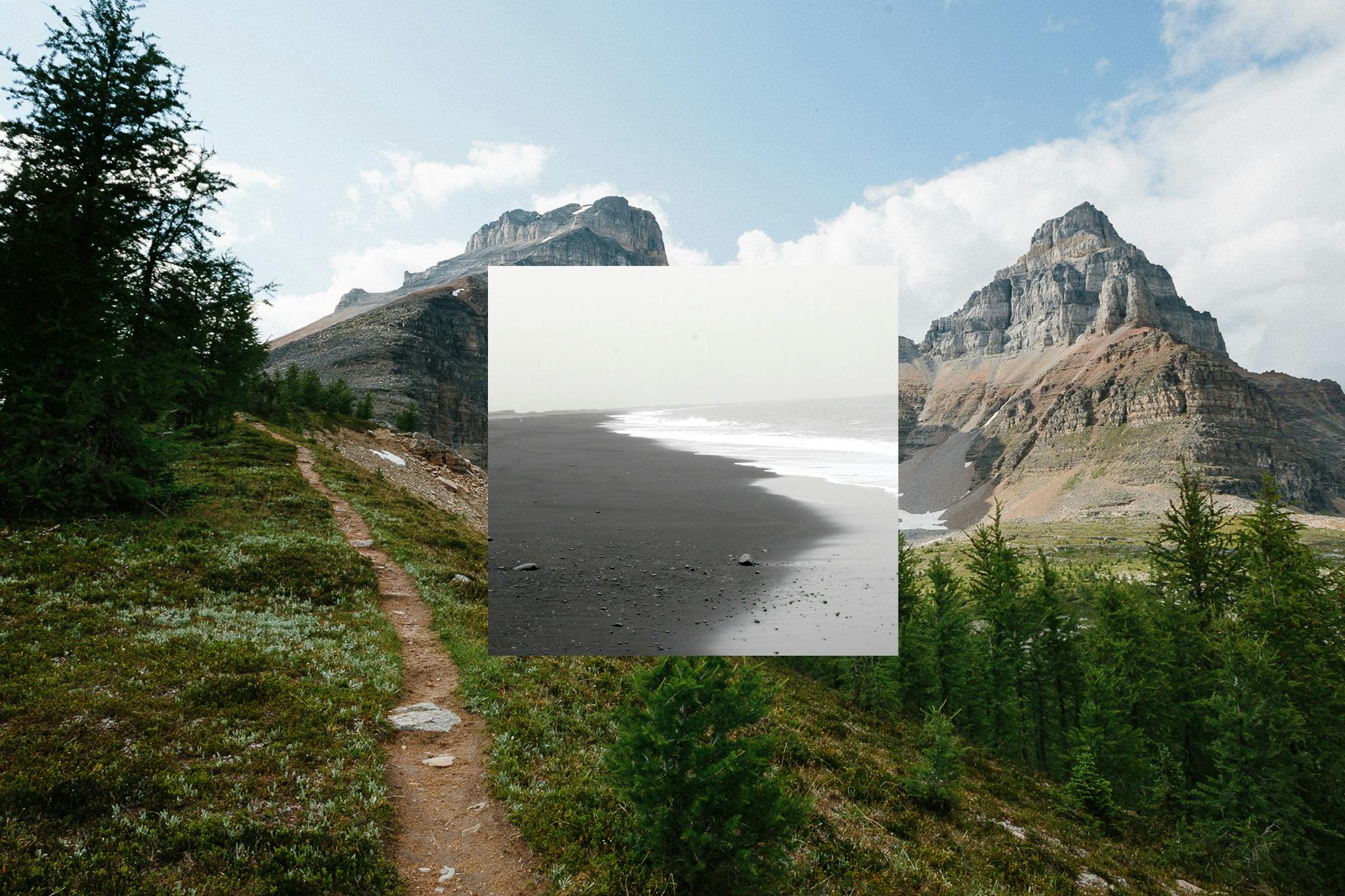 A beach photo in front of a mountain