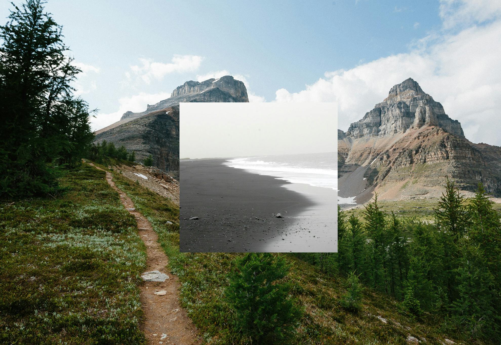 A beach photo in front of a mountain