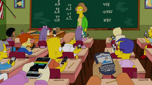 Gif of simpsons classroom, students are all on cell phones