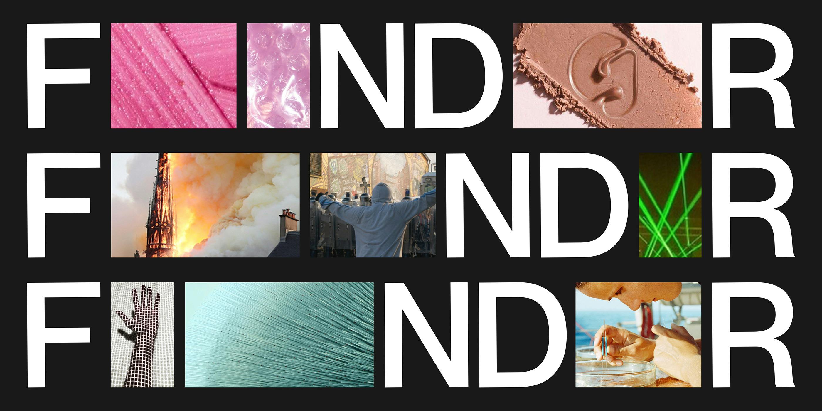 The FNDR logo repeated three times with pictures between the letters. First row has pink glittery images. The second row has a rocket ship taking off, a person in a hoodie speaking to a crowd, and green laser beams. The third row has a mesh hand, a teal abstract line picture, and a woman using tweezers to pick something out of a petri dish.
