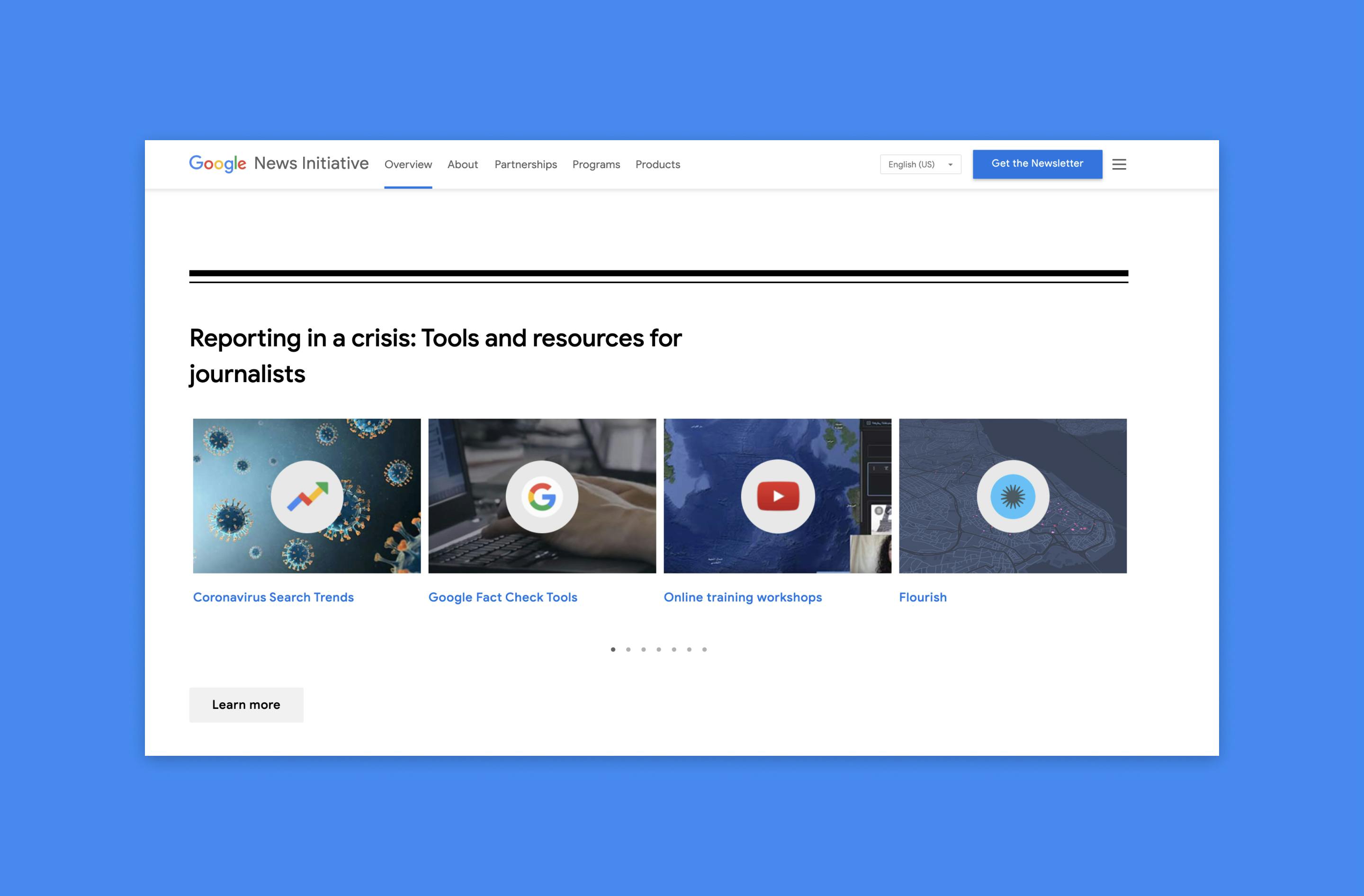 Part of the Google News Initiative website is shown on a bright blue background. The site is showing a carousel of thumbnails titled "Reporting in a crisis: Tools and resources for journalists"