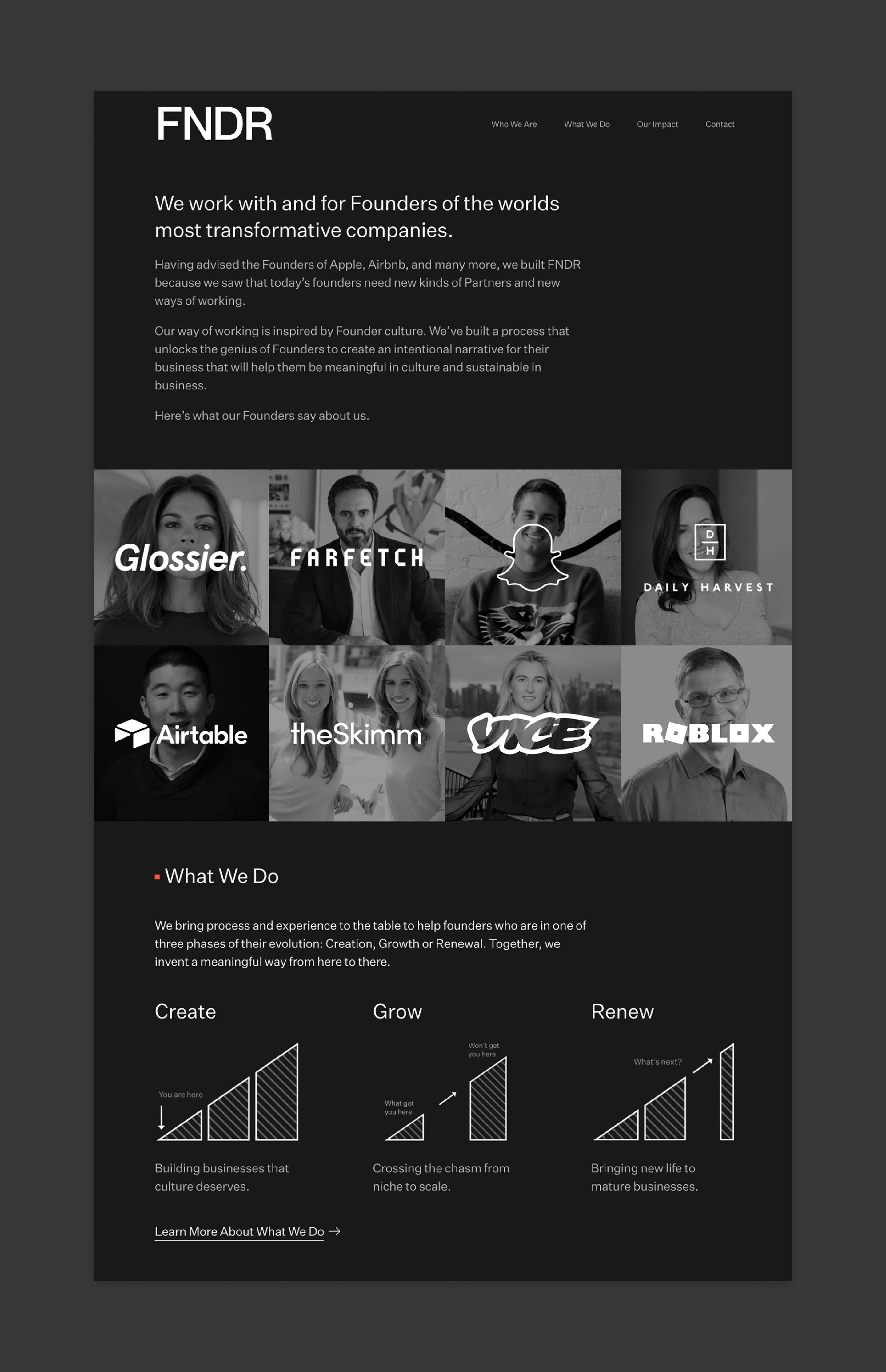 A flat comp of the FNDR homepage. It's a black background with text up top, a grid of Founders and their company logos over their faces, and a graph of what they do - from Create to Grow to Renew.