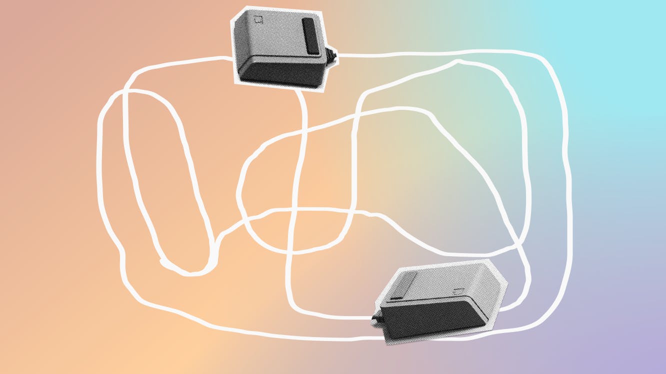 Two older vintage computer mice are shown connected with a squiggly white line. There is a gradient behind the mice that goes from light orange to purple, green, and blue