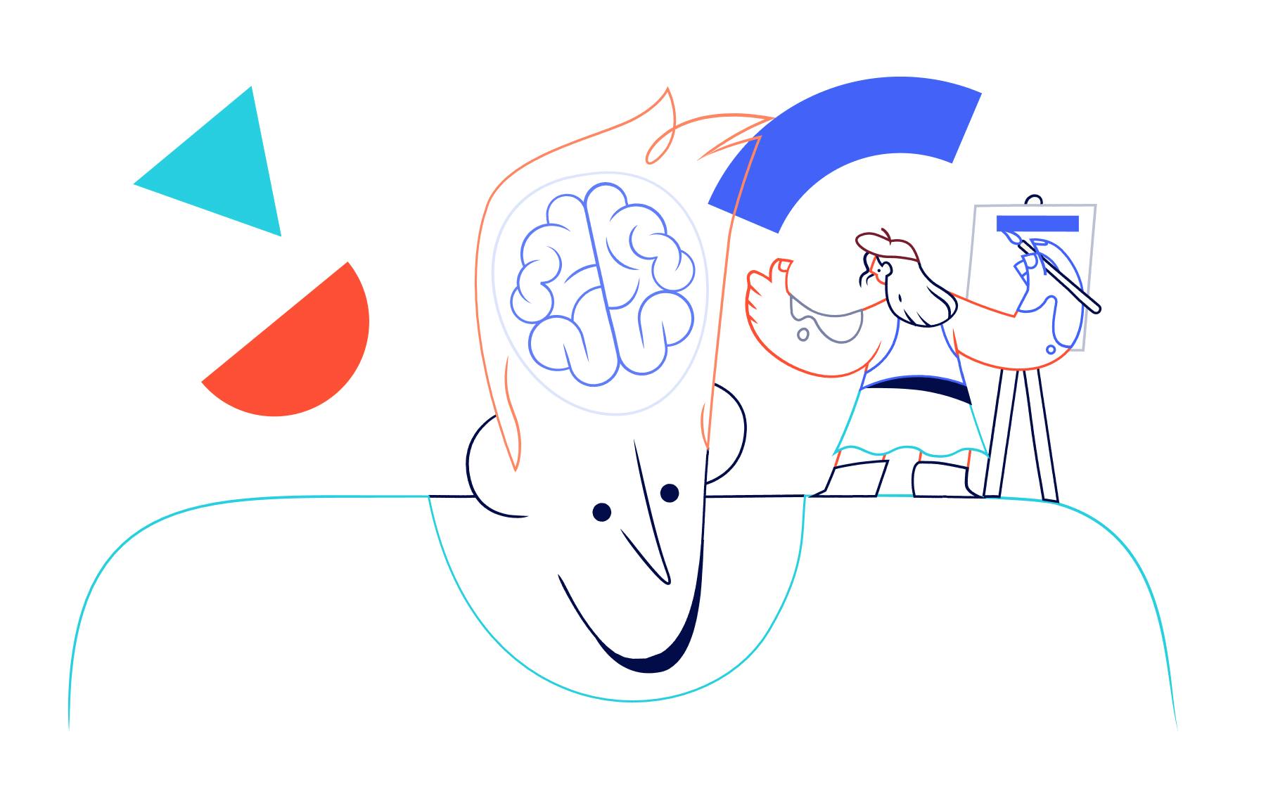 illustration of a painter with an easel, painting a brain inside the head of a gigantic person