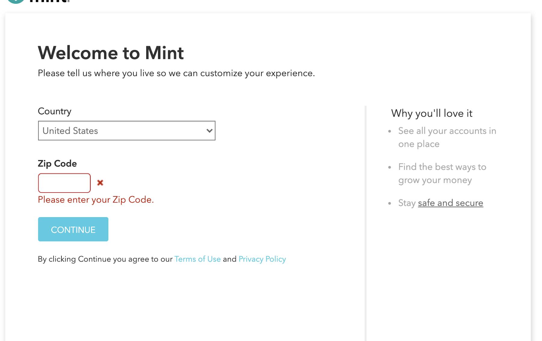 Mint sign up process