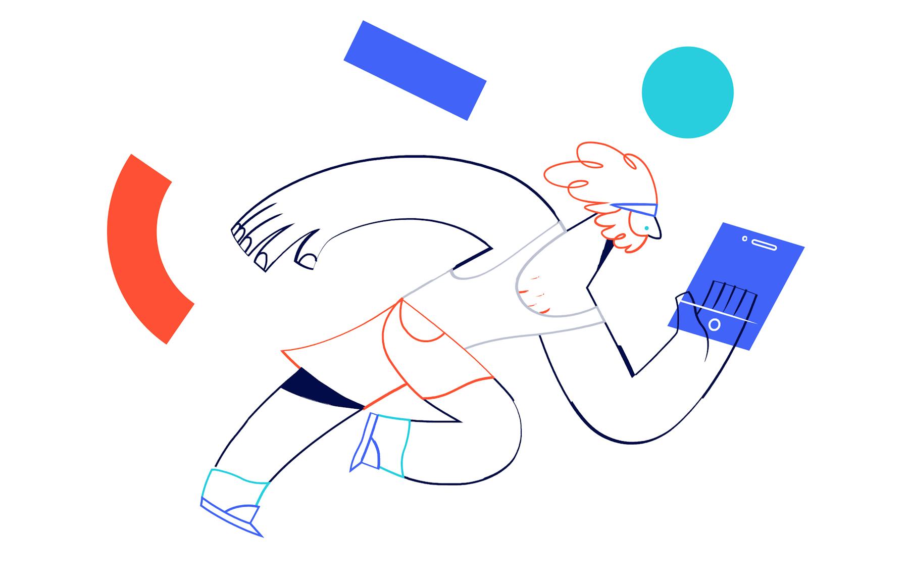illustration of sprinting man looking at a tablet