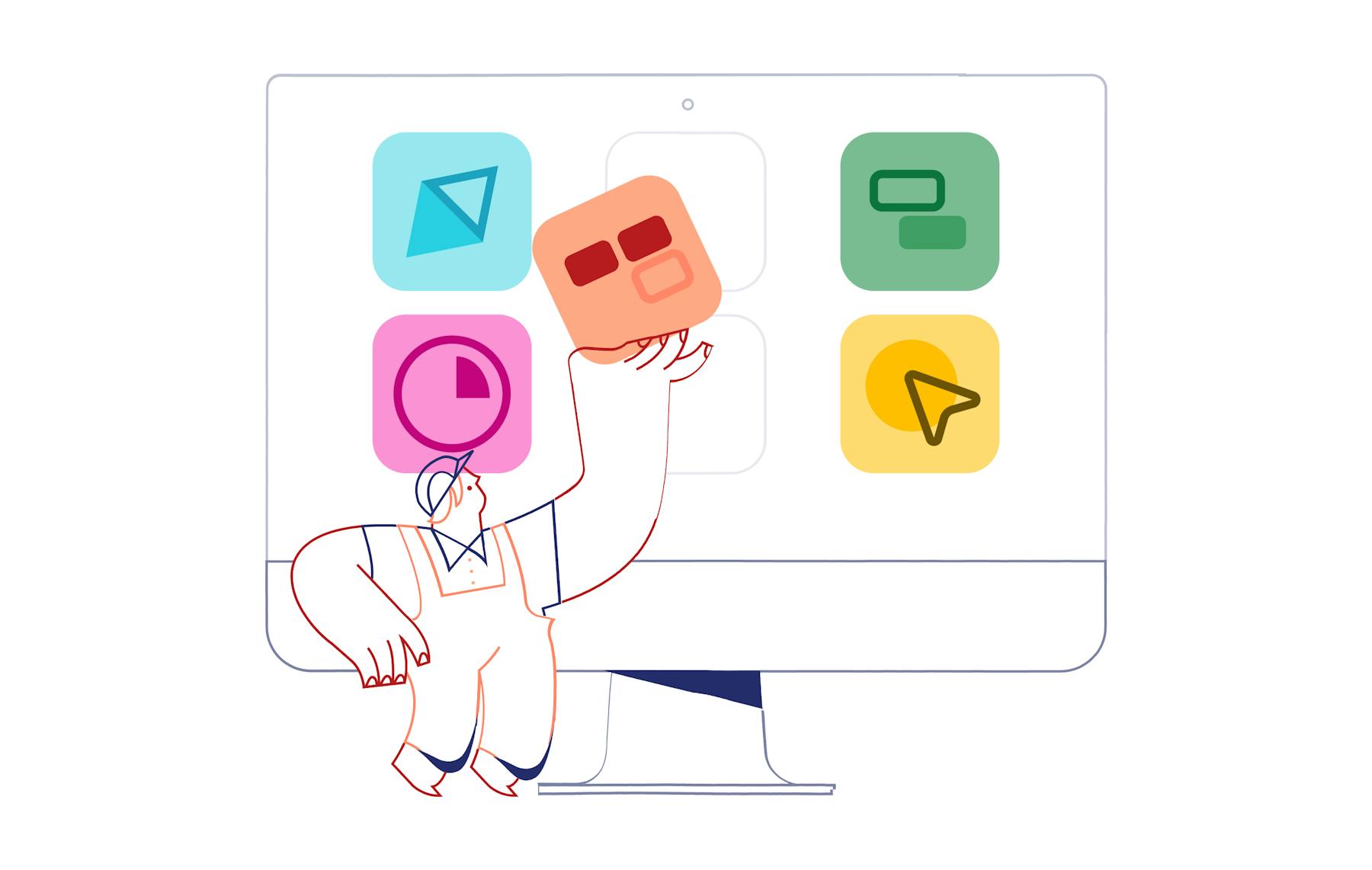 illustration of a UX designer places icons on a computer screen