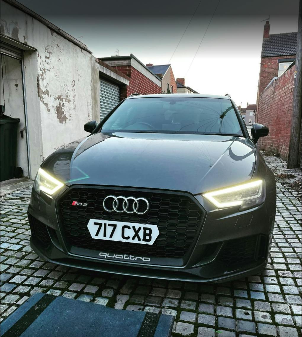 The front of an Audi RS3 with our hex number plate style