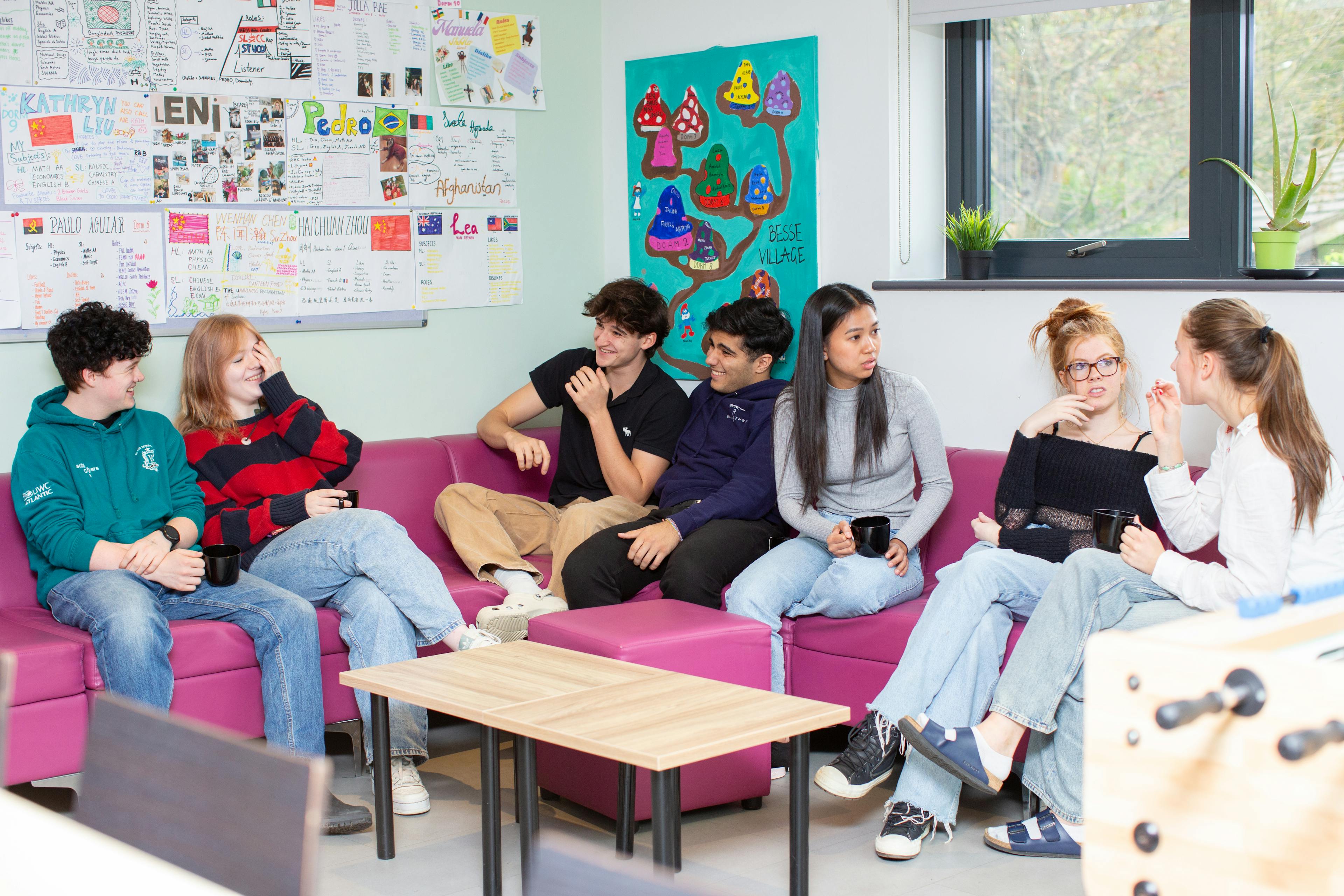 students chatting in a uwc atlantic college dorm
