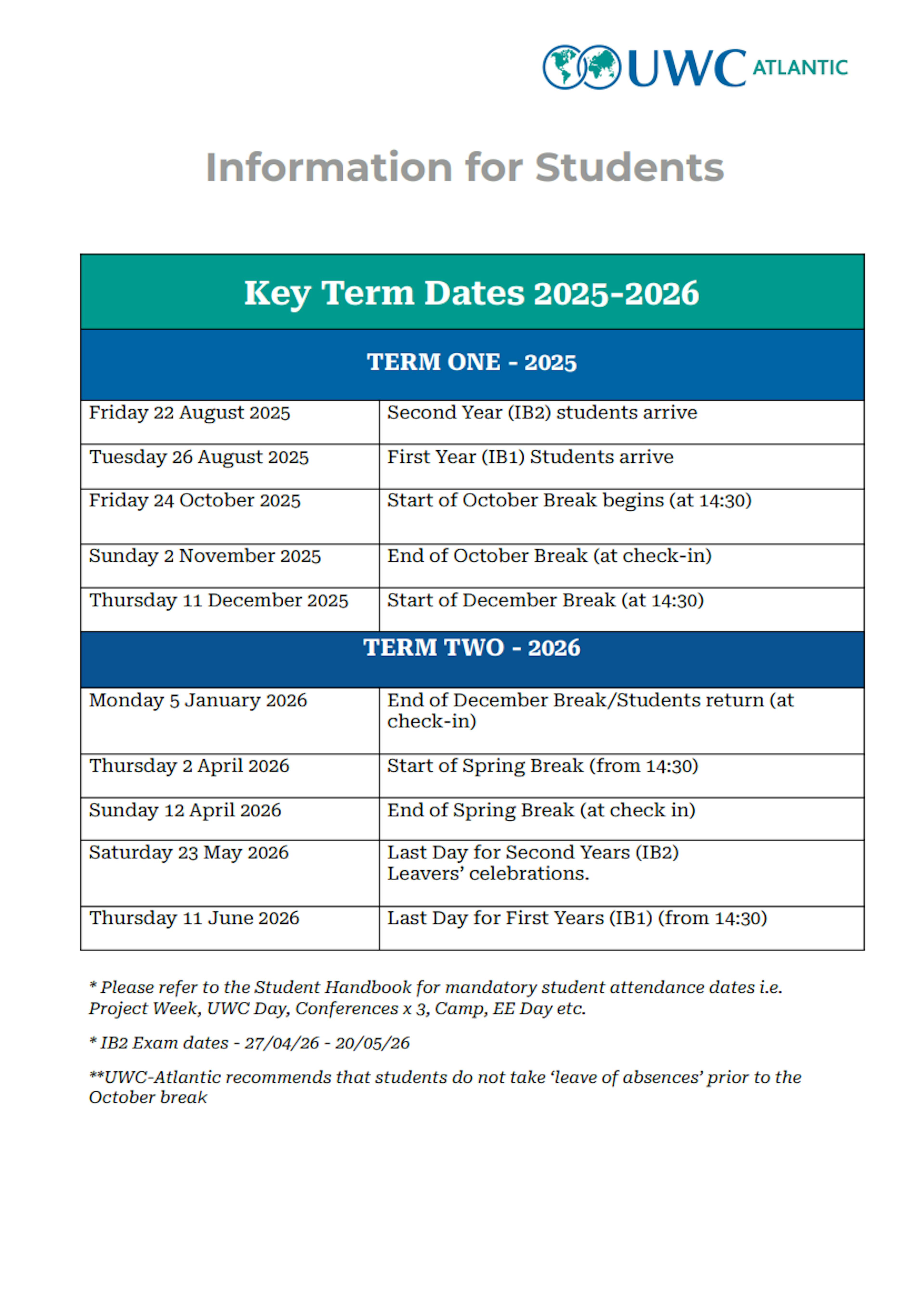 Term Dates for 2025 to 2026 at UWC Atlantic