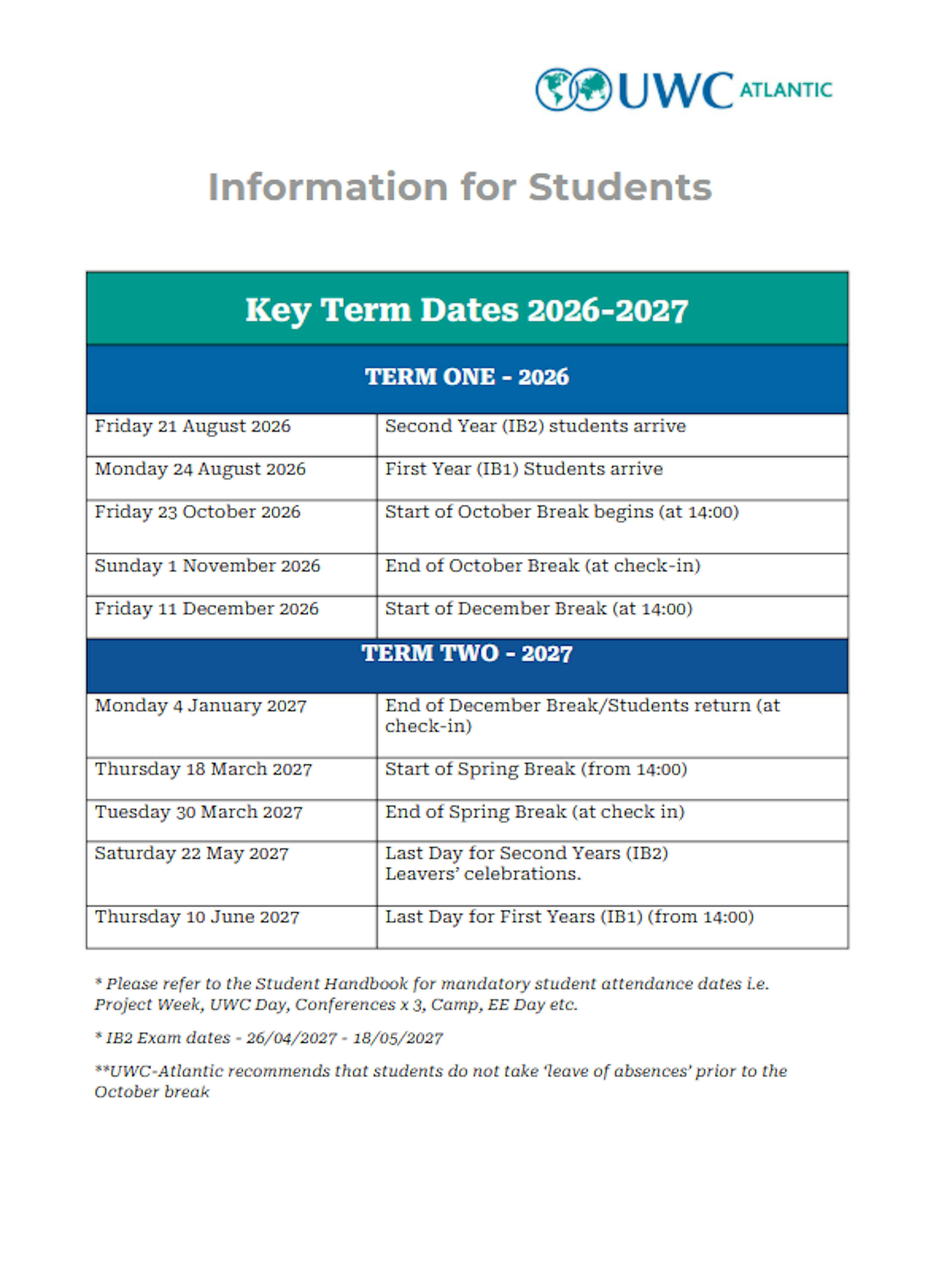 Term dates for 2026 to 2027