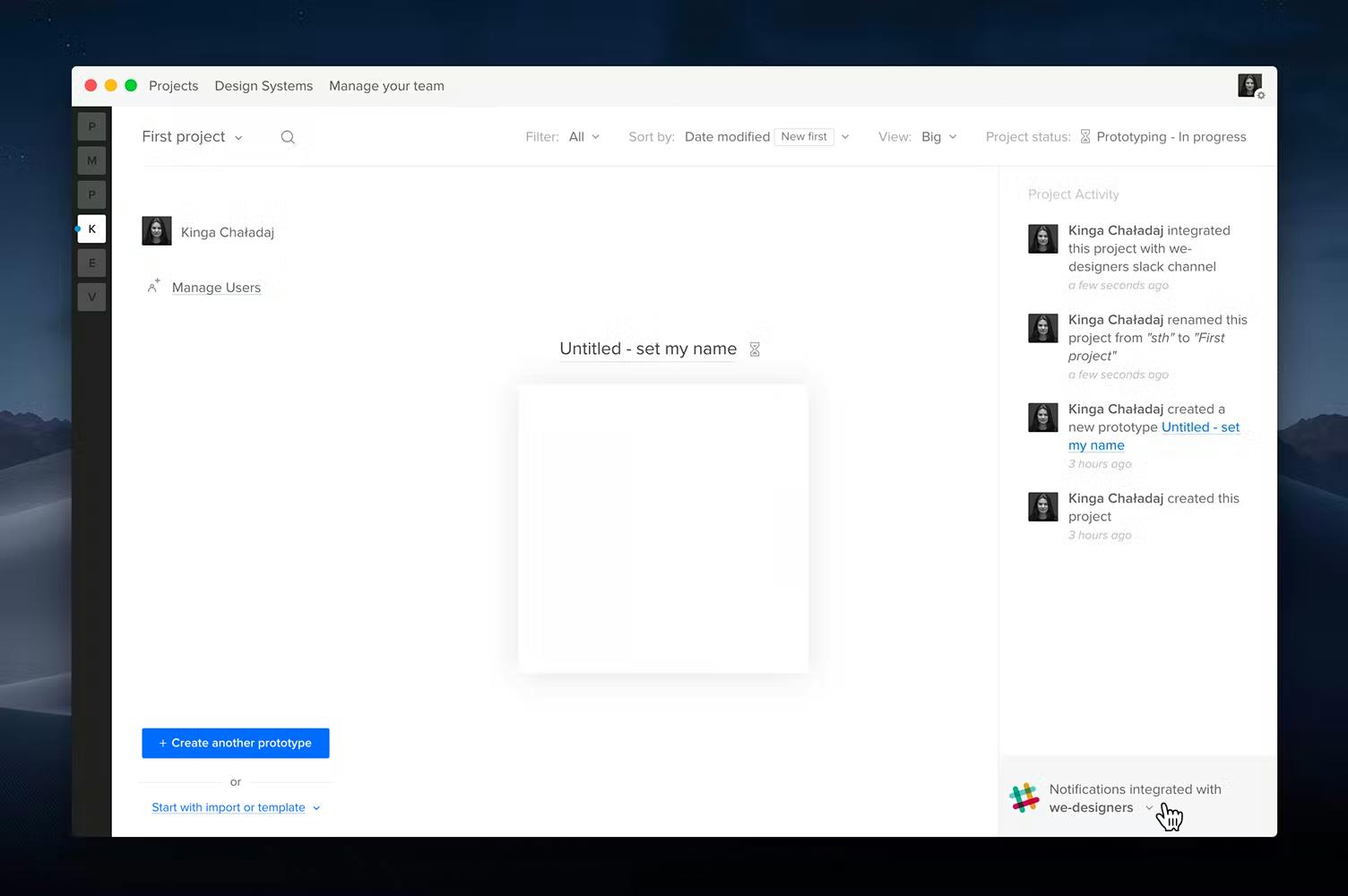 Slack Prototype Integration with Slack | Dashboard