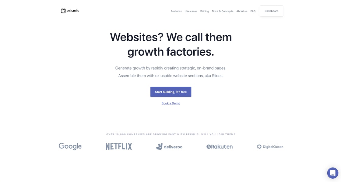 Screenshot of Prismic homepage