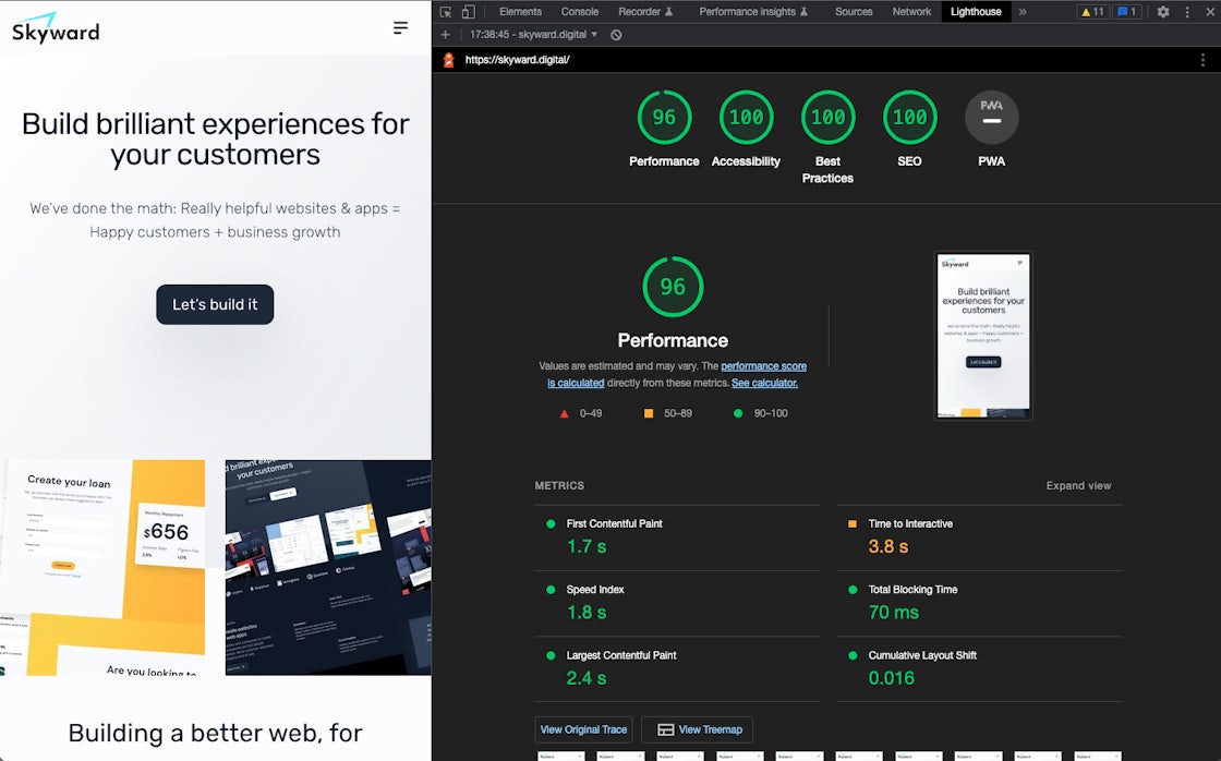 Screenshot of Google Lighthouse score for Skyward's website.