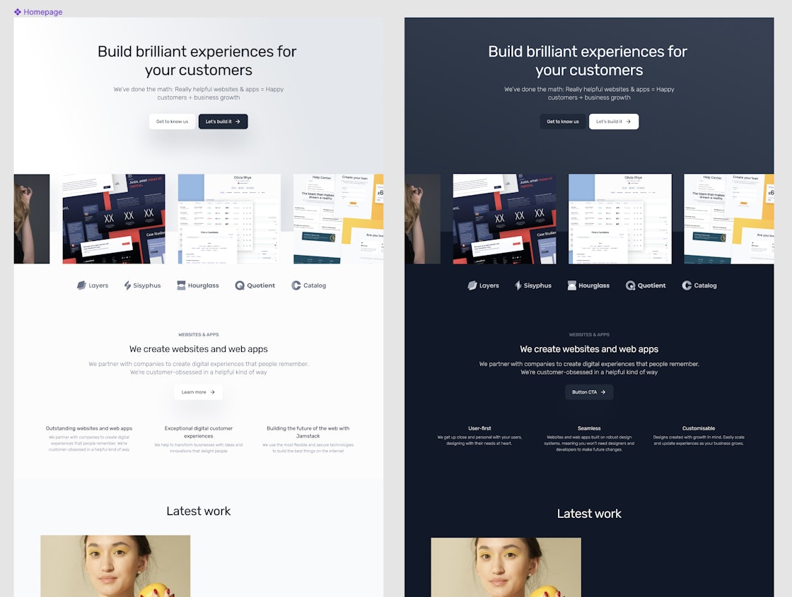 Website homepage design in both light and dark versions.