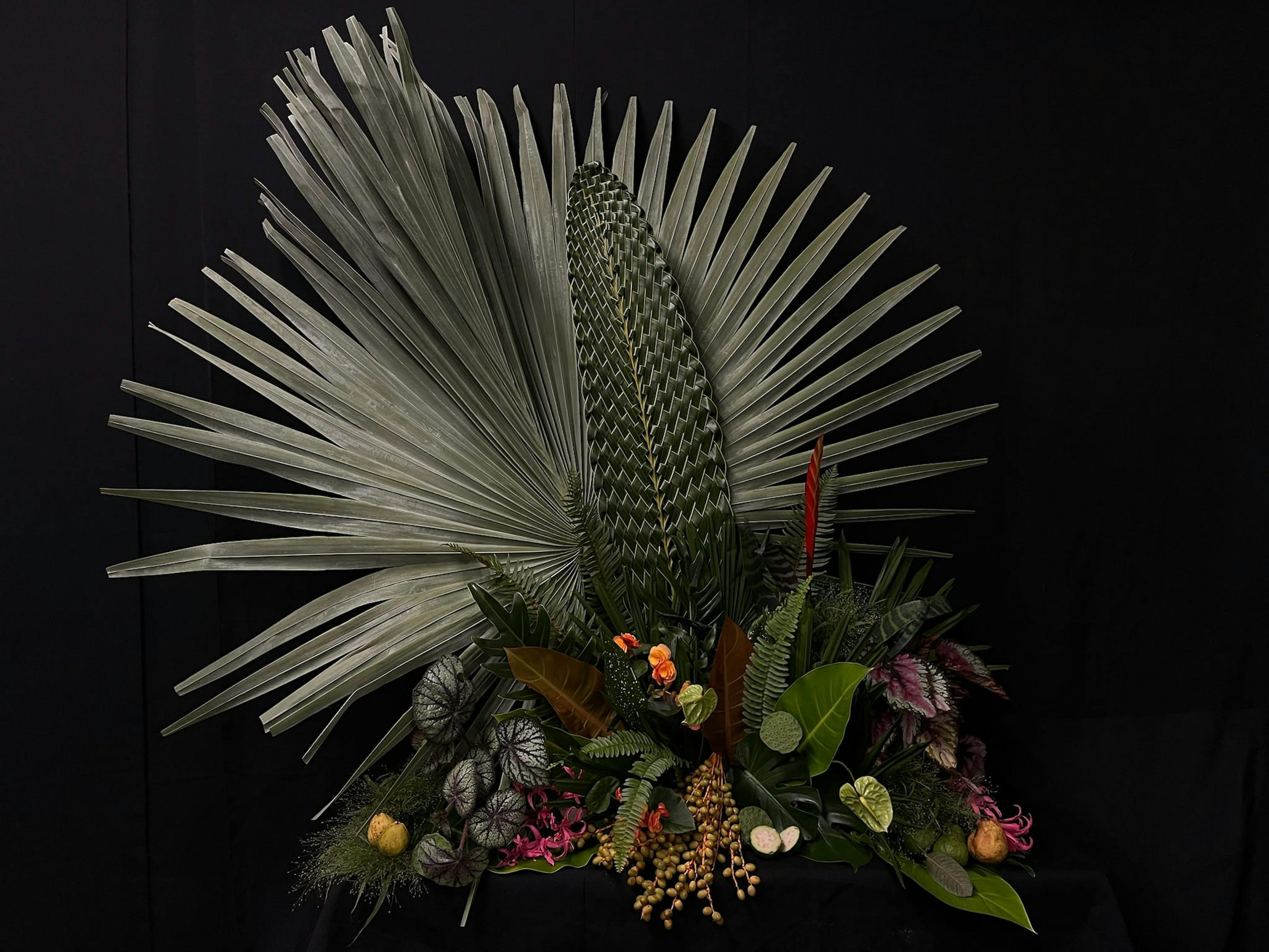 Palm with ferns and other decorative plants on a black background.