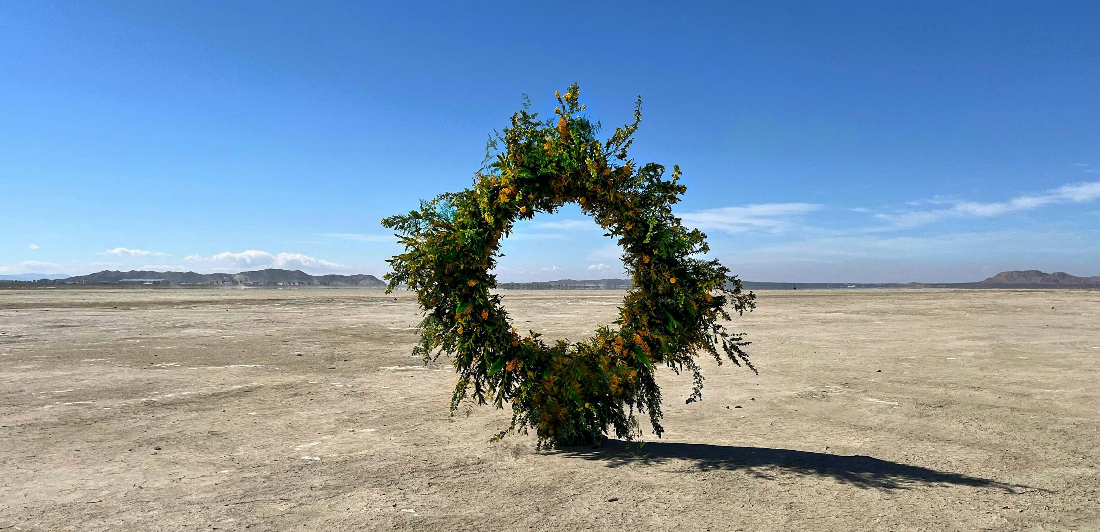 A large round hoop-like arrangement of yellow flowers with green foliage in the desert