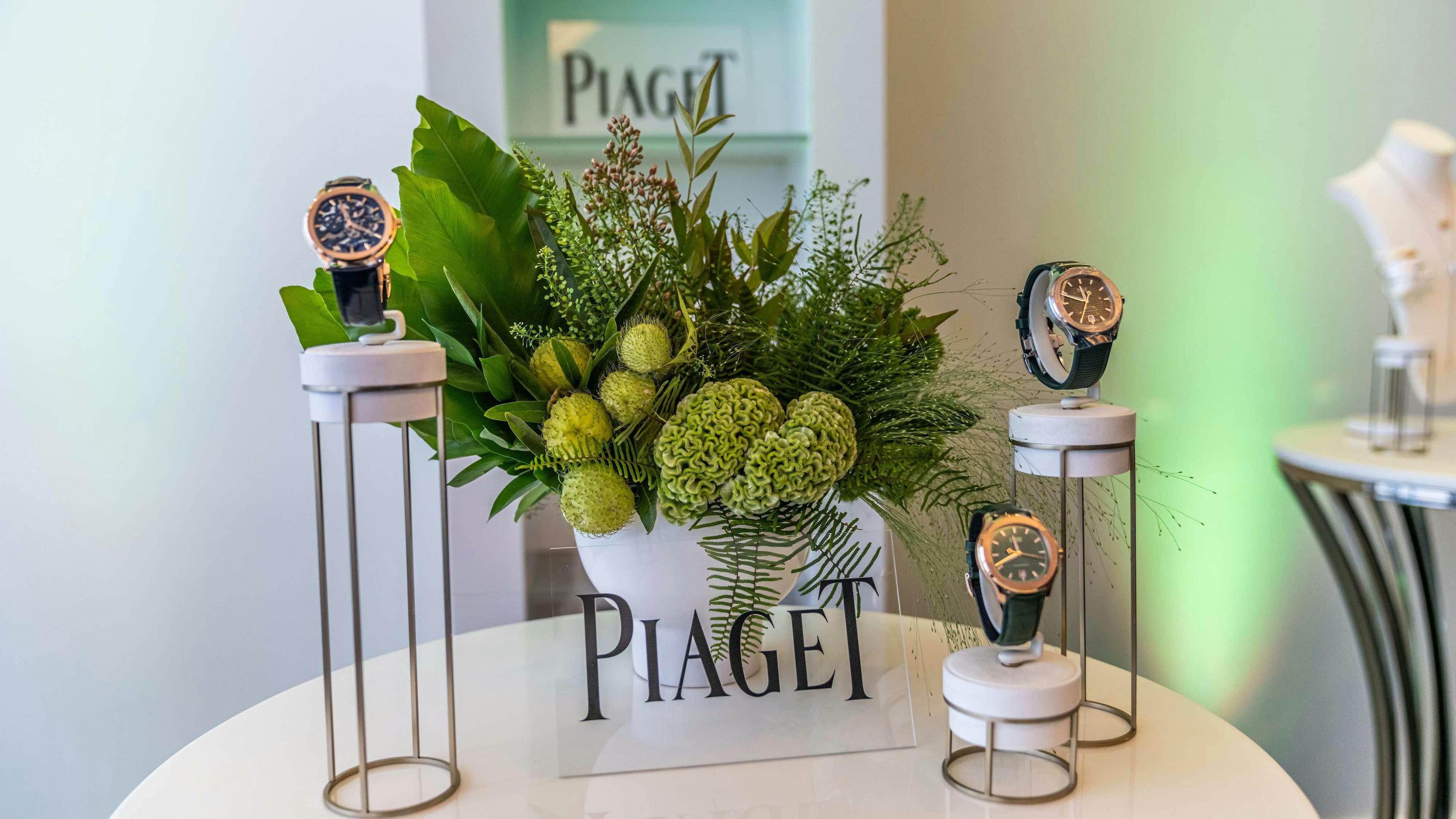 An arrangement of varied green foliage in a white vase on a white table with three watches displayed.