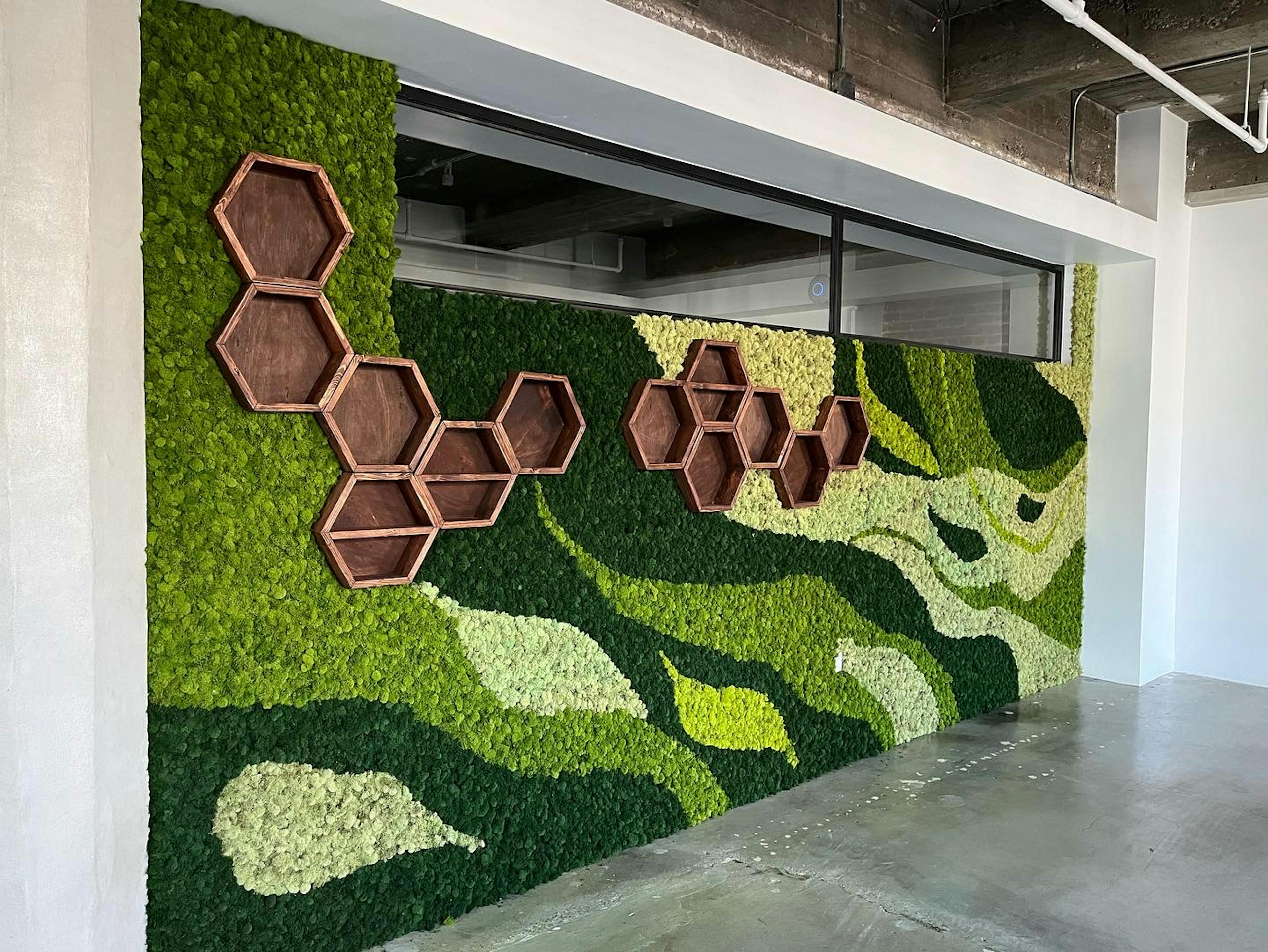 A wall covered in light green and dark green moss arranged in natural organic shapes. There are hexagonal wood shelves set inside the moss. 