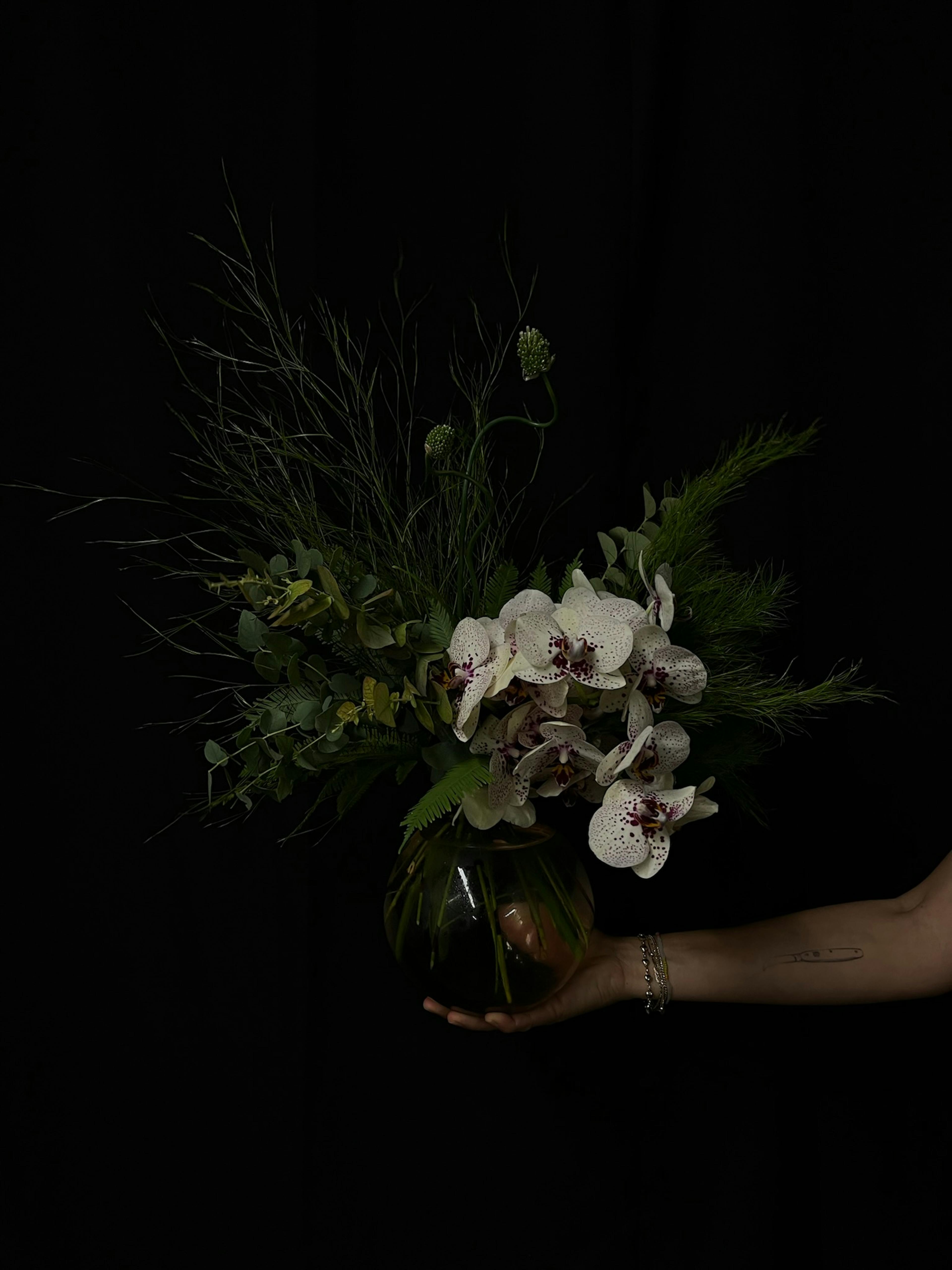 A hand holding out a vase with orchids and dark green foliage in front of a black background