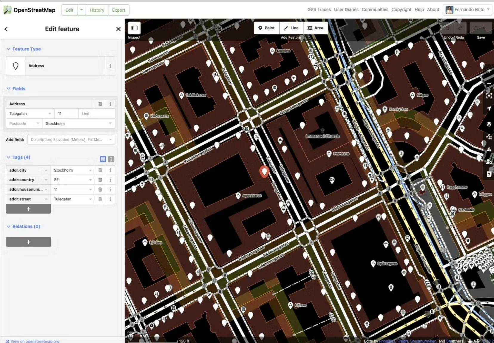 Screenshot from OpenStreetMap. At the top are the edit options available, and close to the bottom right corner is a cluster of trees in a park.