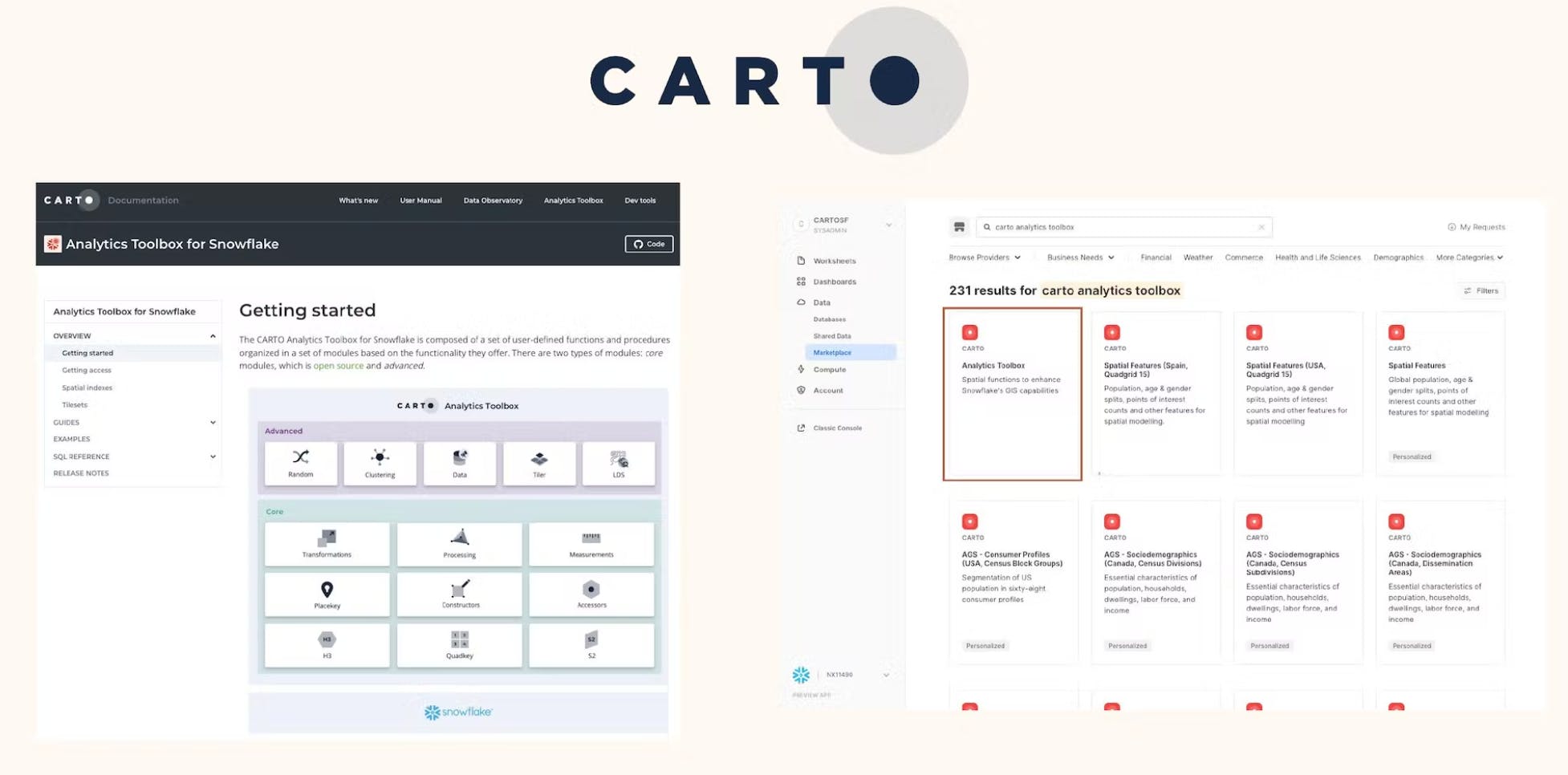 Carto offers UDFs for “Spatial extensions” that enable work on geospatial data on Snowflake.