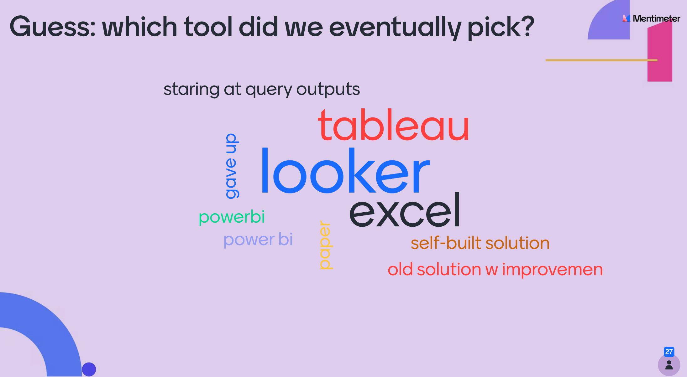 The audience’s answers to the question of what BI tool Mentimeter eventually chose—it might give a hint as to what the correct answer is.