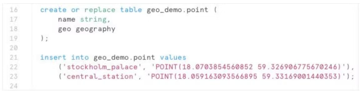 An example of storing two Geography points in a Snowflake database.