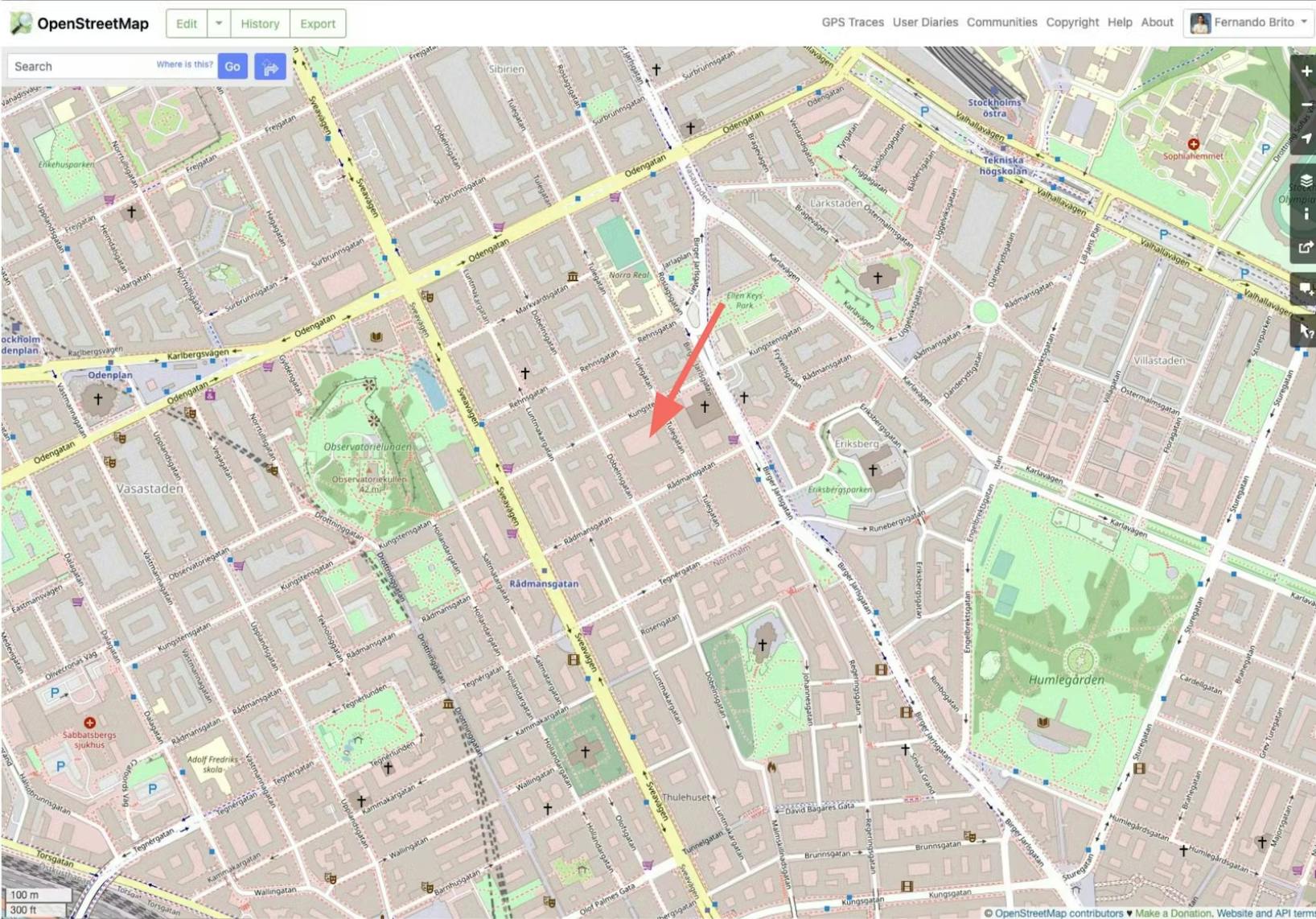 Screenshot from OpenStreetMap with an arrow indicating Mentimeter’s office—venue of the last Heroes of Data meetup in Stockholm.