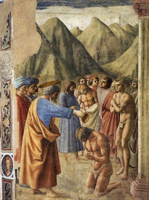 Masaccio (1401-1428), The Baptism of the Neophytes, 1426/27, fresco, 255 x 162 cm, Brancacci Chapel in the Church of Santa Maria del Carmine, Florence.