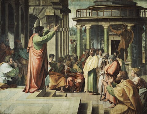 "St Paul Preaching in Athens" – one of the seven large cartoons by Raphael, "The Raphael Cartoons". (Public Domain)