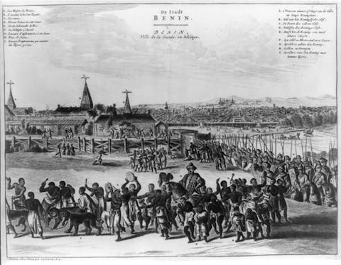 Idealisierte Darstellung von Benin City durch einen niederländischen Künstler in "Beschreibung von Afrika".(1668).