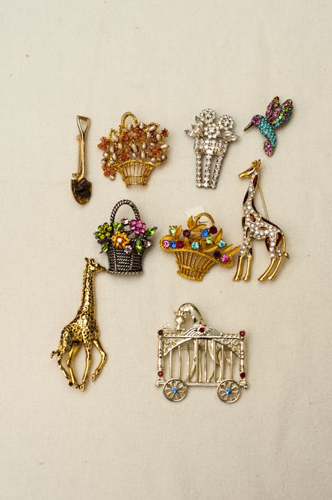Grouping of pins and brooches