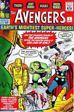 he debut of the original Avengers:The Avengers#1 (Sept. 1963). Cover art by Jack Kirby and Dick Ayers. The five founding members were: Iron Man, Thor, Ant-Man, The Wasp, and The Hulk.