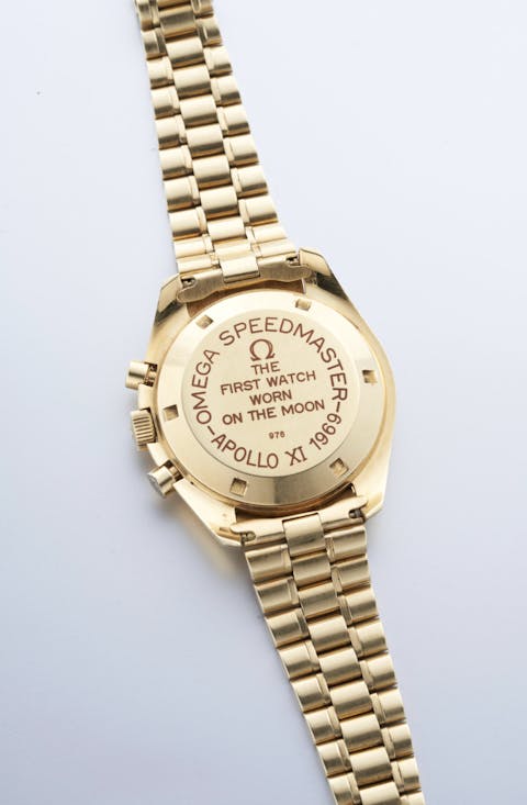 mega Speedmaster Apollo XI 1969, Ref.BA145.022, a vintage yellow gold chronograph wristwatch, circa 1969 (reverse). Offered for sale in Hong Kong, Admiralty in December 2022.