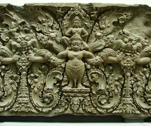 Vishnu riding Garuda between two monstrous heads, Cambodia, Angkor