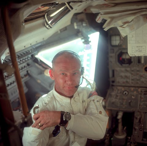 Buzz Aldrin wearing an Omega Speedmaster during Apollo 11 mission.