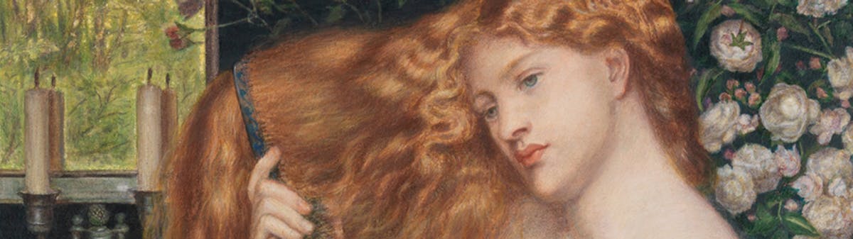 Pre-Raphaelite painting of woman combing her hair