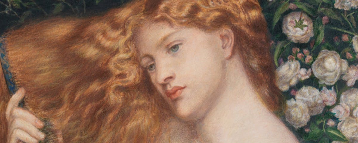 Pre-Raphaelite painting of woman combing her hair