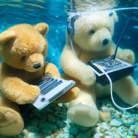 An image generated by DALL-E 2 based on the text prompt "Teddy bears working on new AI research underwater with 1990s technology"