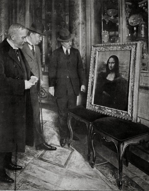 The Mona Lisa in the Uffizi Gallery, in Florence, 1913