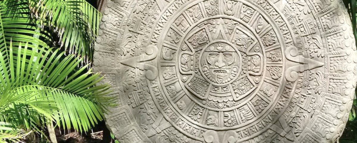carved stone disc surrounded by foliage