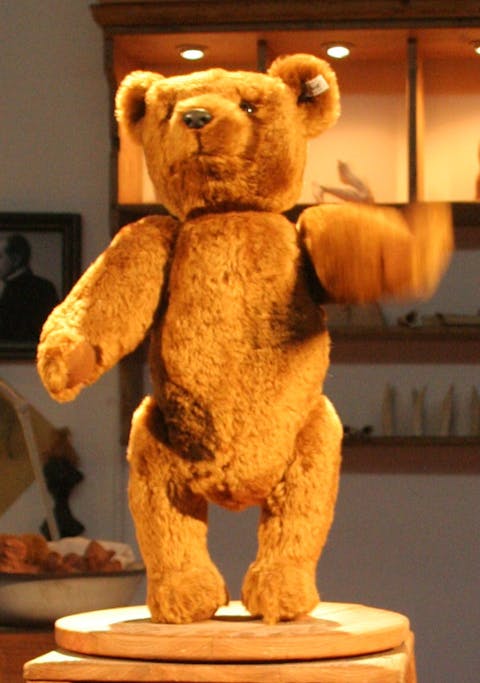 A replica of a Steiff model 55PB, the first Steiff Bear; Steiff-Museum Giengen, Germany, 2006. No original examples are known to survive. 