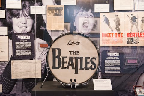A mix of Beatles memorabilia with Ringo Starr's Ludwig drum used during The Beatles' Ed Sullivan appearance in 1964 as the center piece. (Photo by Lauren Gerson)